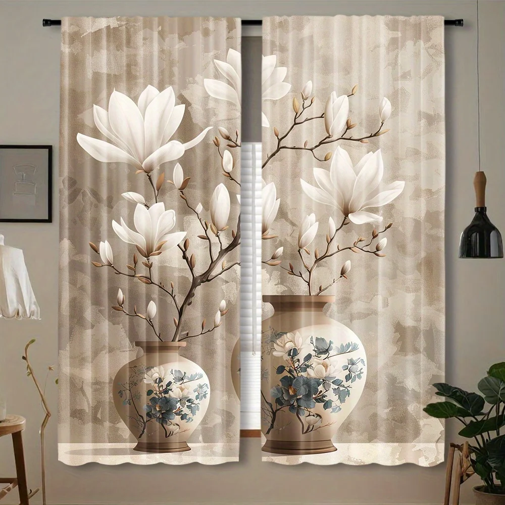 Ink Wash Magnolia Vase Rod Pocket Curtain Soft Neutral Tone Vintage Chinese Floral Minimal Pattern For Apartment Study Leisure