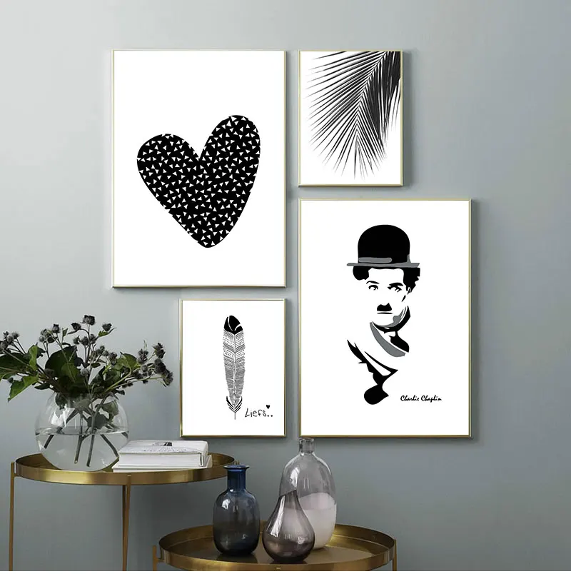 Canvas Painting Home Decor Nordic Black White Heart Palm Leaf Feather Pictures Prints Wall Art Poster For Living Room Modular