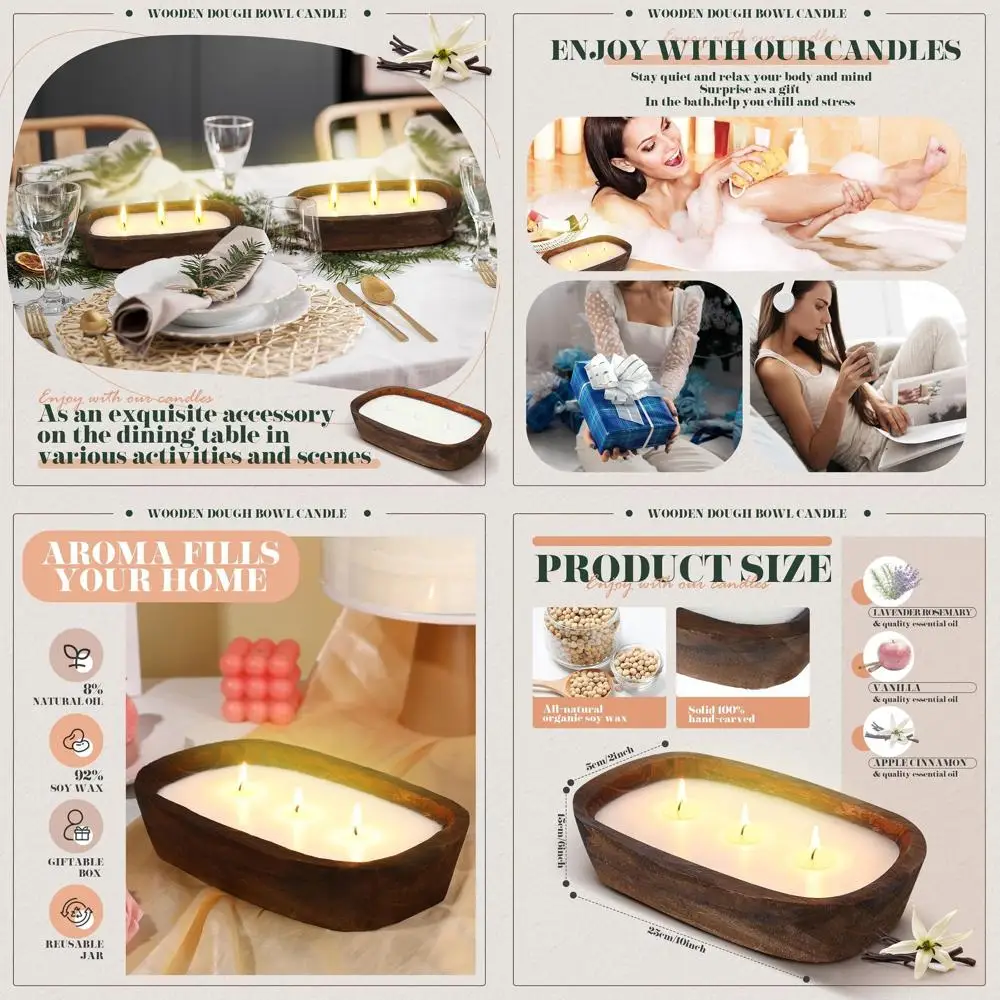 

2 Pack Wood Dough Bowl Candle Jar Candle Decorative with Wick Scented Candles Soy Gifts for Men Women Farmhouse Table Centerpiec