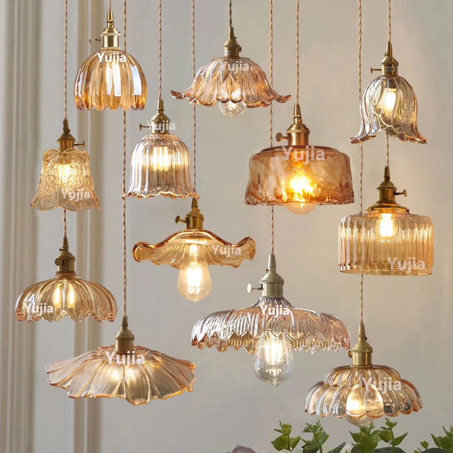

Multi-style Pendant Light Amber Glass Lmapshade Brass Vintage Bedside Lamp Adjustable Hanging Light Kitchen Island Dining Room