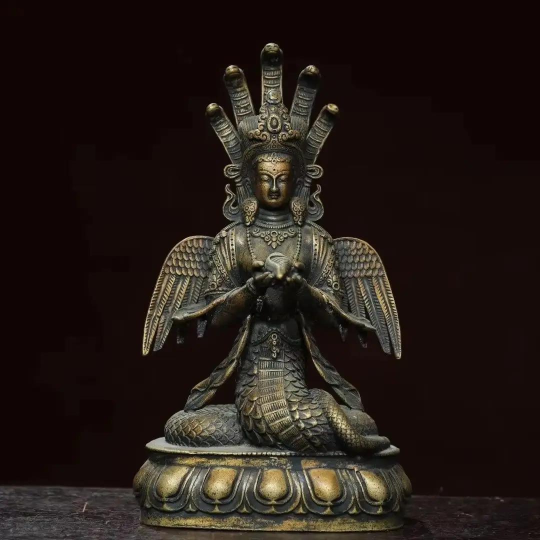 

10"Xizang Folk Bronze Gilded Cinnabar Five Snake Head Bbacklight Nagarjuna Buddha Lotus Platform Worship Hall
