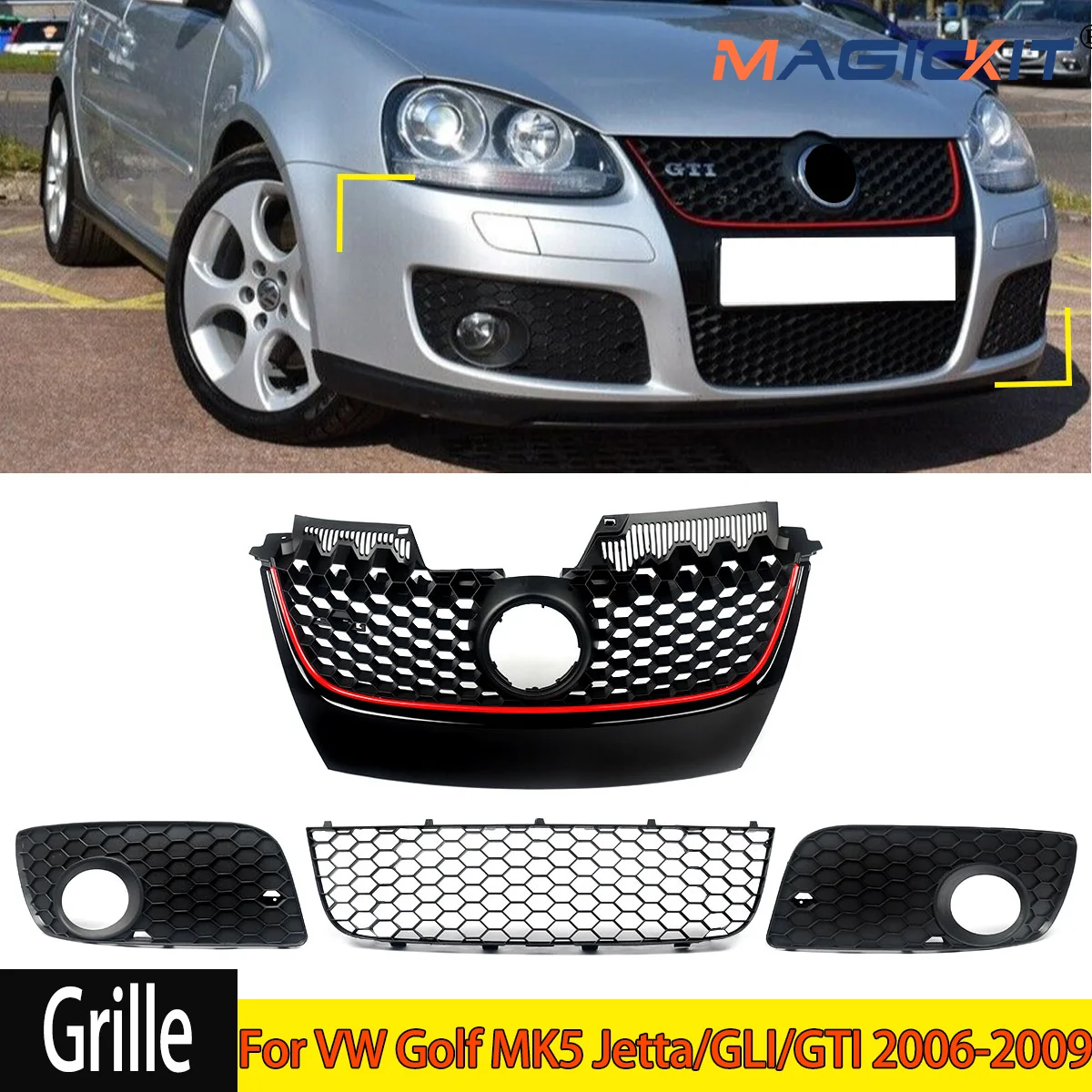 Front Honeycomb Grille Black w/ Red Trim For VW Golf MK5 Jetta/GLI/GTI 2006-2009