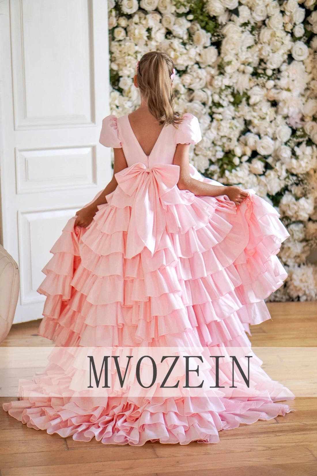 MVOZEIN Pink Flower Girl Dresses Layers High-Low Princess Dress Short Sleeves Cute Baby Girl Gown First Communion Dress