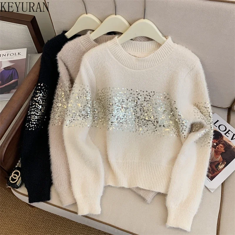 Sequins Pullovers Sweater Women\'s Autumn Winter Korean Style O-Neck Long Sleeve Khaki Short Mohair Sweaters Jumpers Pull Femme