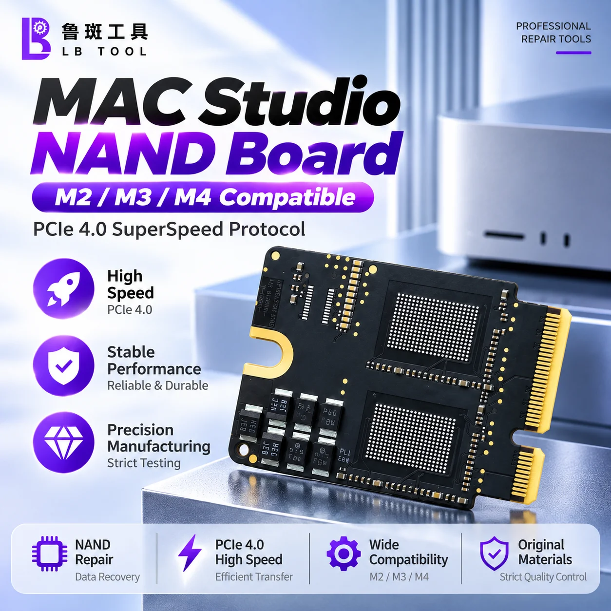 LB TOOL Mac Studio M1 M2 M3 M4 NAND SSD Board No NAND Chips 10-Layer PCB PCIe 4.0 Capacity Upgrade