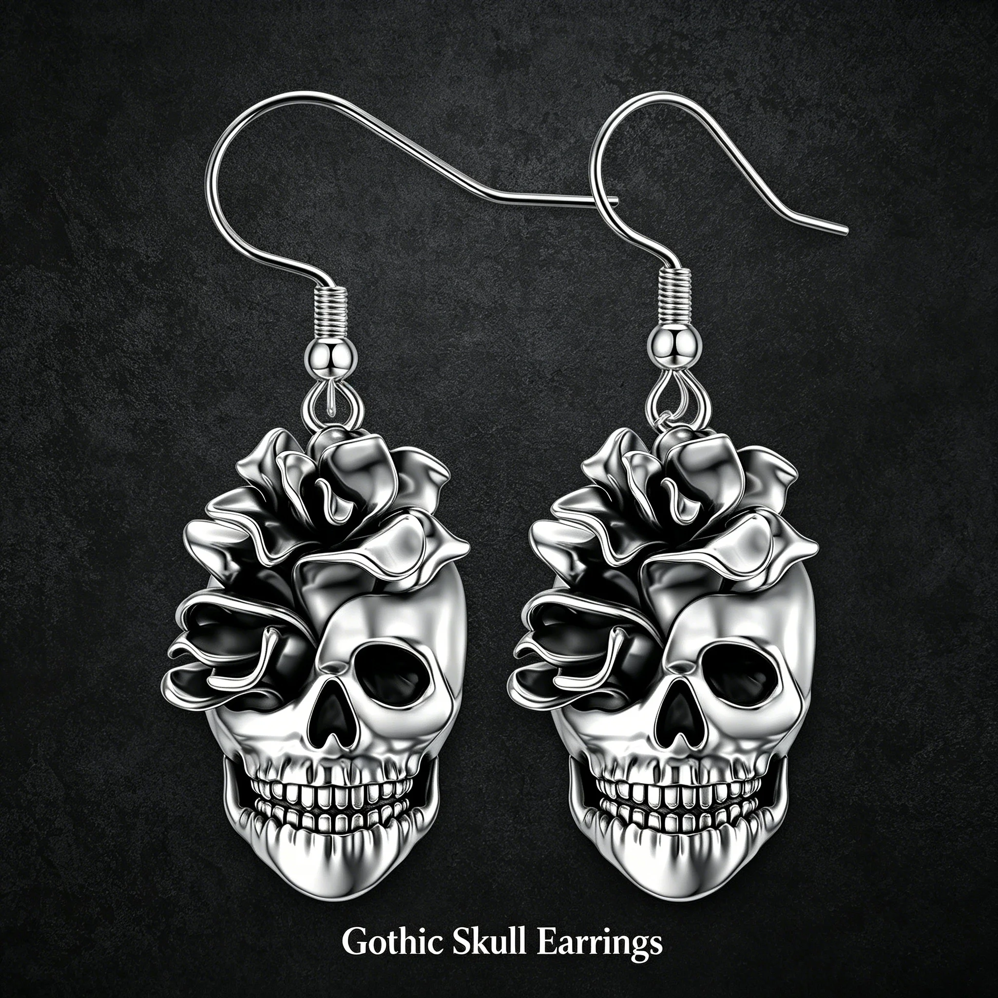 Silvery Zinc Alloy Skull Rose Dangle Earrings Gothic Dark Romance Jewelry for Women Girls Halloween Punk Gift