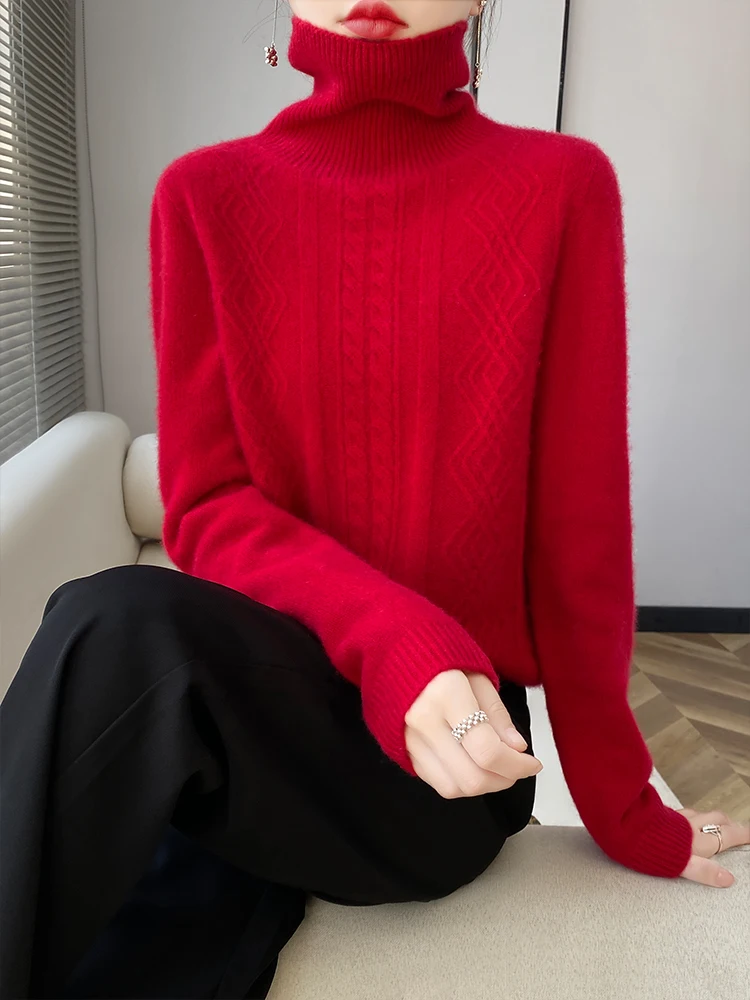 

Fashion 100% Merino Wool High Turnover Collar Knitted Sweater For Women's Autumn And Winter Warm Top Elegant Versatile