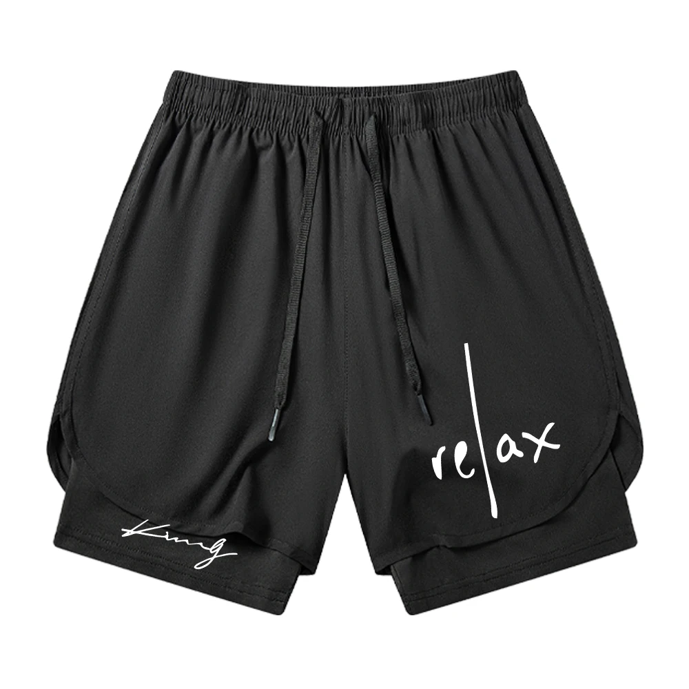 Men's Creative Text Print Quick Dry Sports Shorts Elastic Breathable Double Layer Beach Shorts With Inner Cell Phone Pocket