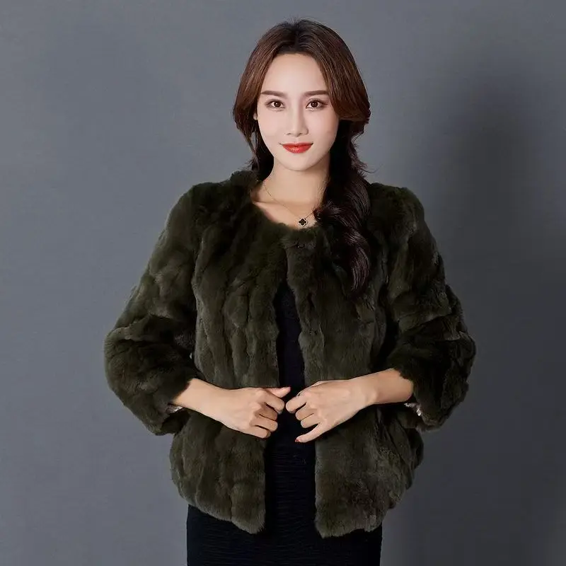 Real Rex Rabbit Fur Coat for Women, Three Quarter Short Jacket, Female Loose Thicken Warm Clothes, High Quality, New, Winter