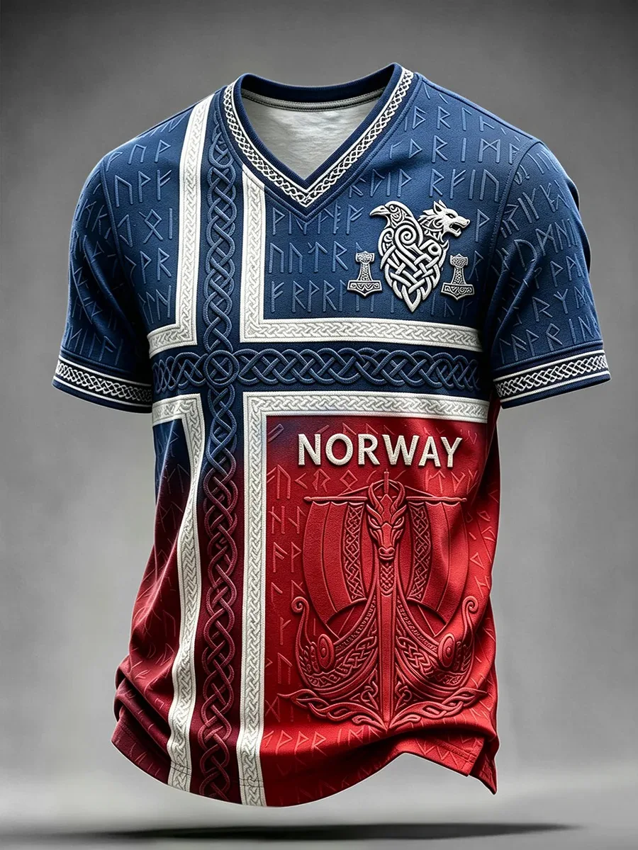 Norwegen Fußball T-Shirt Herren Viking Grafik Norge Kreuz Bedrucktes Trikot Sommer Kurzarm Retro Streetwear Freizeitkleidung 4 – Detail 3