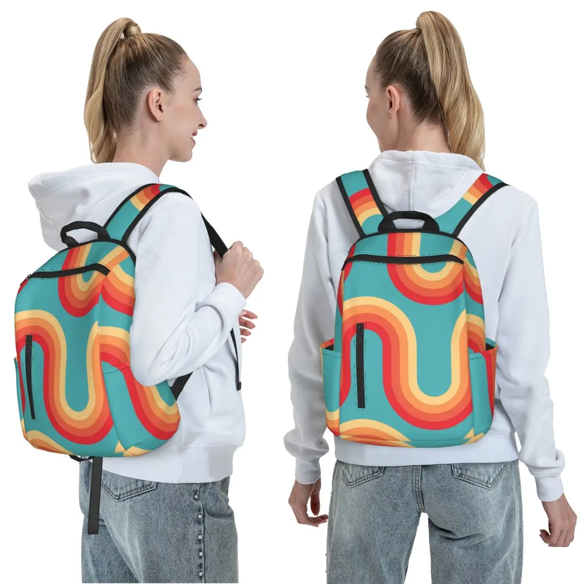 70s Pattern Waves Happy Blue Teal And Orange Backpack Daypack Large Capacity Kids BookBag School Bag Shoulder Bags for Men Women