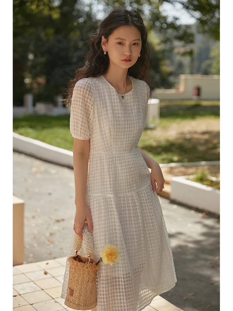 ZIQIAO Round Neck Summer Short Sleeve Dress Textured Fabric A-LINE Mid-Calf Skirts Japanese Office Lady Solid Casual Long Dress