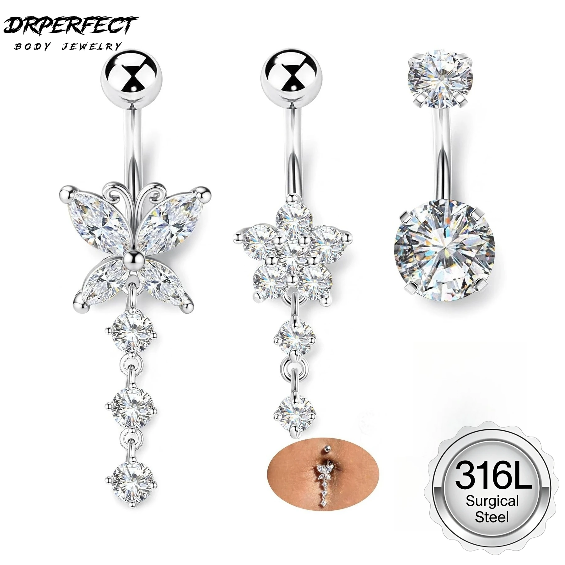 Drperfect 1/3Pcs Dangly Belly Button Bars 316L Surgical Steel 14G Long Navel Bars Heart Butterfly Belly Button Piercing Jewelry