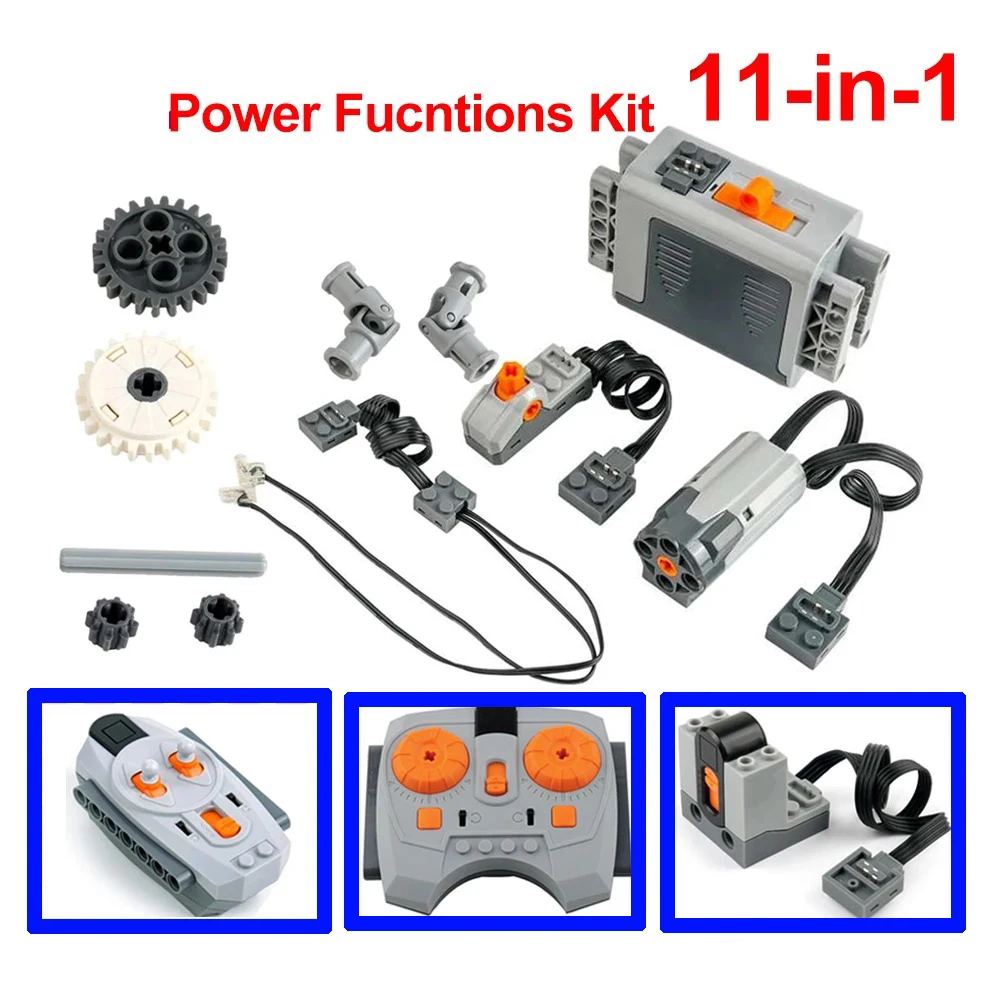 MOC 11-in-1 Technics-Motor-Kit , Power Functions Motor Set with M Motor, LED Light Strip, Switch, AA Battery Box and Gears Axles