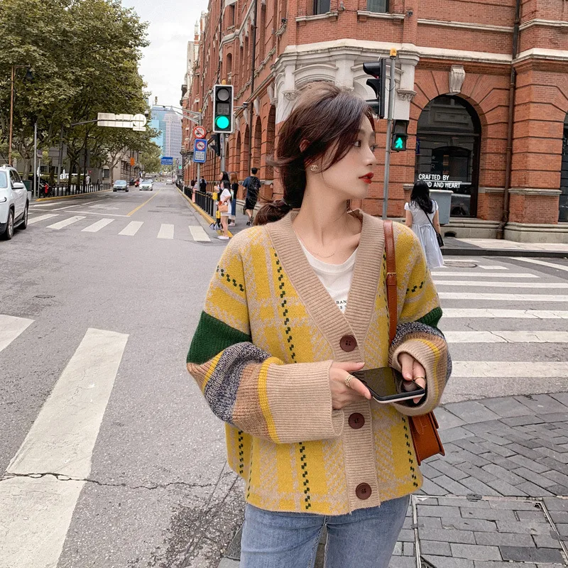 Stripe Cropped Cardigan Lantern Sleeve Loose Rainbow Knitted Tops Coat 2024 Women Fashion Sweater Street Wear LX8