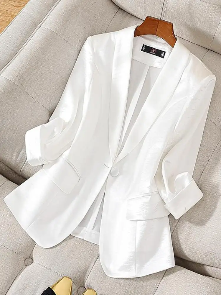 

Spring Summer Fashion Black Beige Temperament Seven Quarter Sleeved Blazer Coat Women's New Pink Single Button Professional Tops