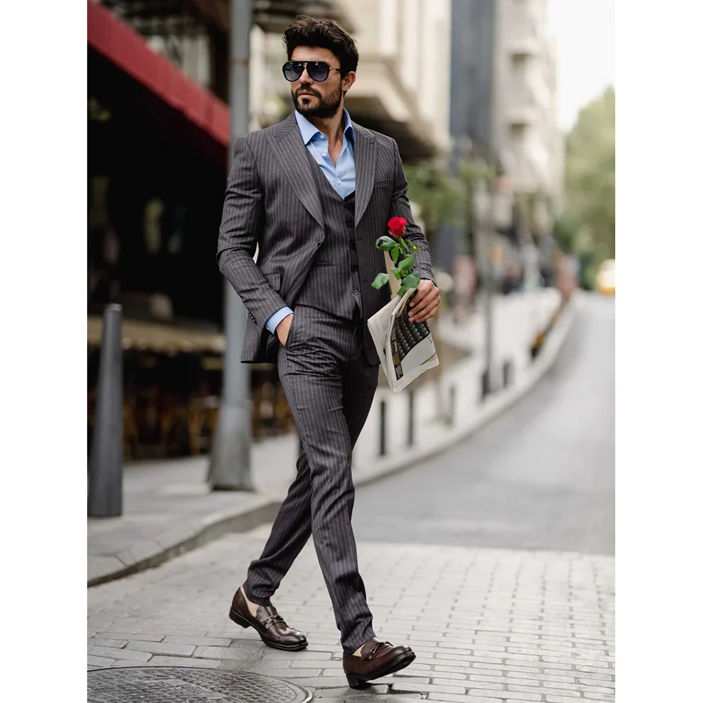 Gray Pinstriped Men Suits 3 Piece (Jacket+Vest+Pants) Business Casual Office Outfits Elegant Groom Wedding Tuxedo Slim Fit