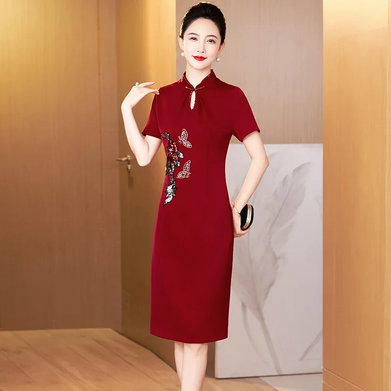 

Yourqipao, летняя бордовая юбка Cheongsam среднего размера, достойное элегантное свадебное платье в китайском стиле для банкета и празднования для женщин