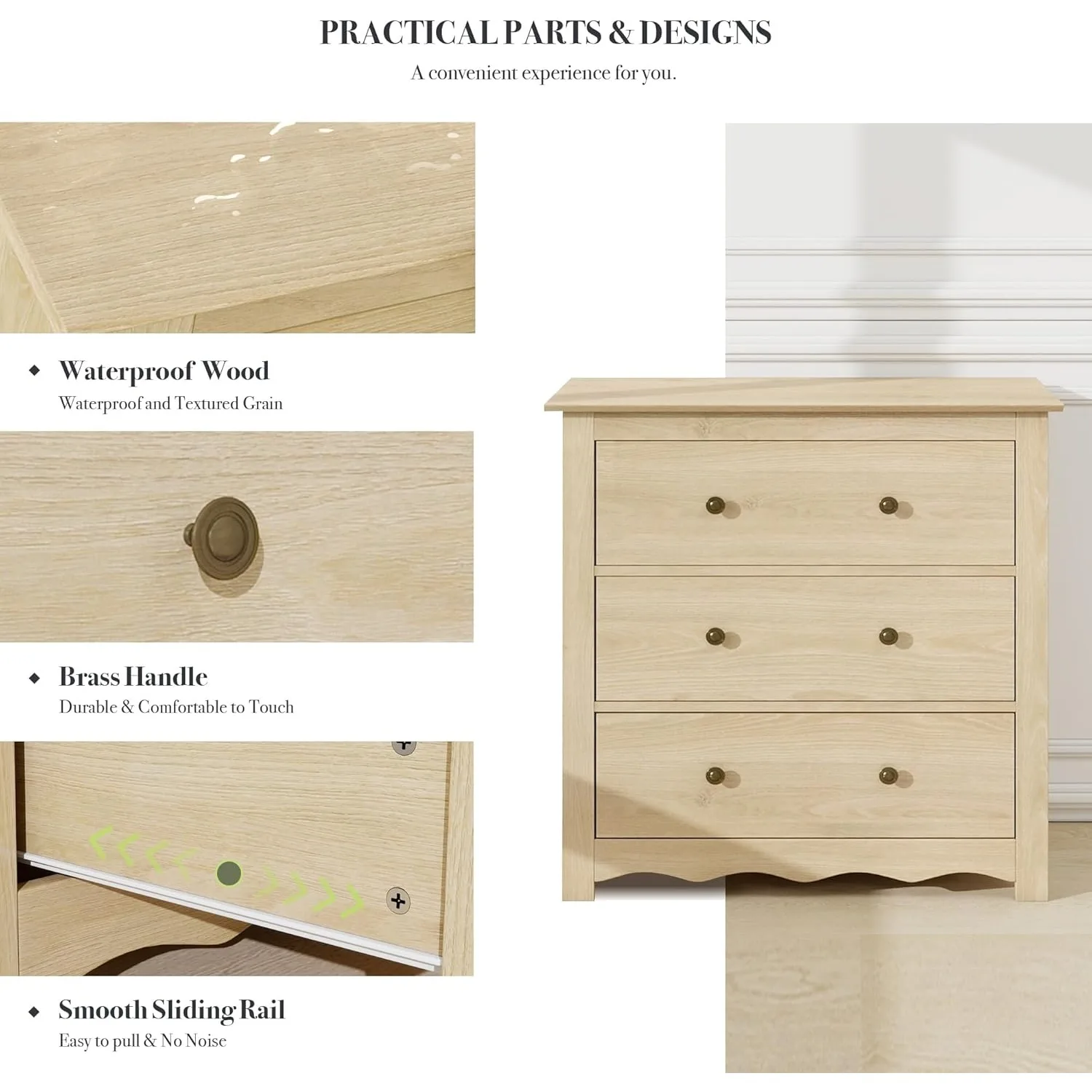 Mid-Century Modern 3-Drawer Bedroom Dresser with Wavefront Design 4