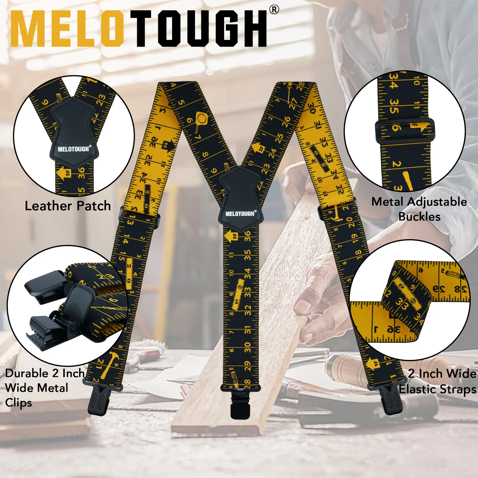 MELOTOUGH  Suspenders Fully Elastic 2 inch Wide Y back Heavy Duty Work Suspenders