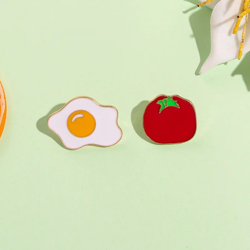 Creative Cartoon Food Series Tomato, Pouch, Egg Shaped Fun Metal Badge Fashion Versatile Clothing