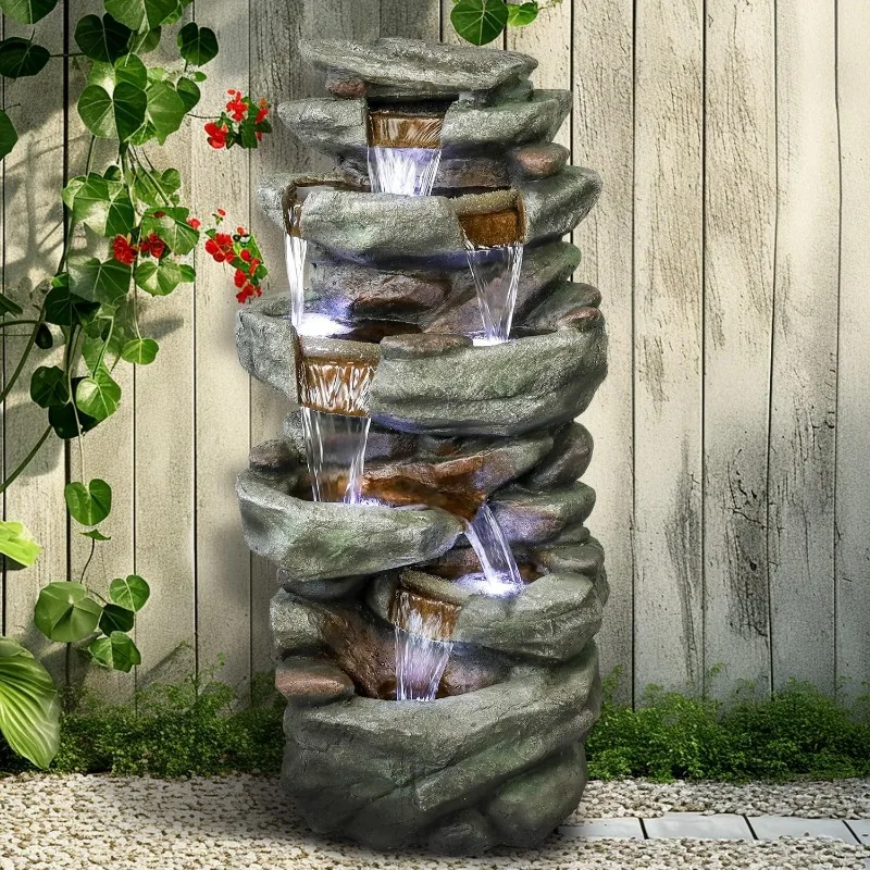 40.5” High Rocks Outdoor Water Fountain - 6-Tiers Cascading Waterfall with LED Lights, Soothing Tranquility for Home Garden,