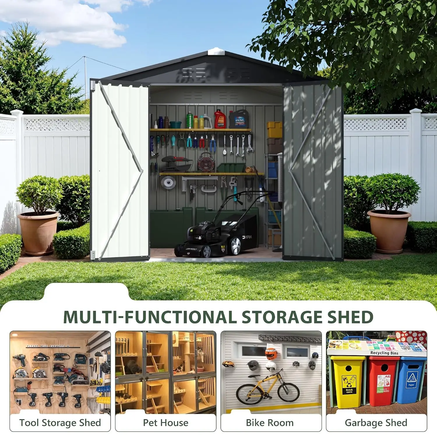 8x8 FT Outdoor Storage Shed, Tool Metal Sheds, Black