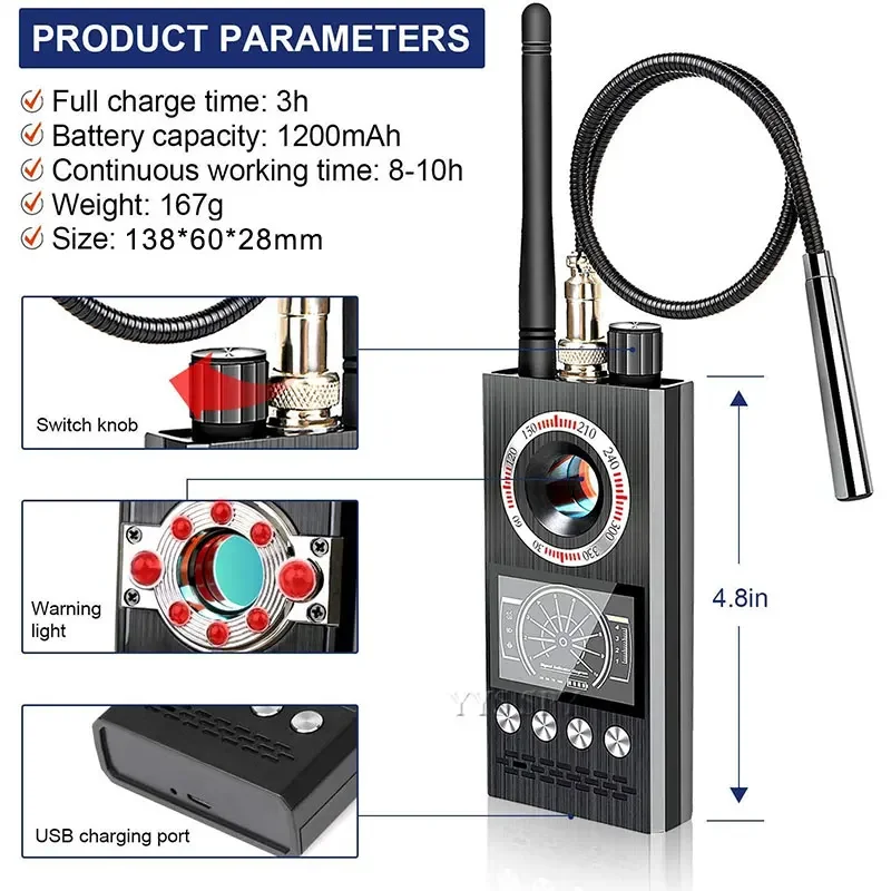 Imagem -05 - Anti Spy Câmera Detector Gsm Bug Scanner Proteção de Segurança rf Signal Cam Gadgets Escondidos Carro Gps Tracker Finder Profissional