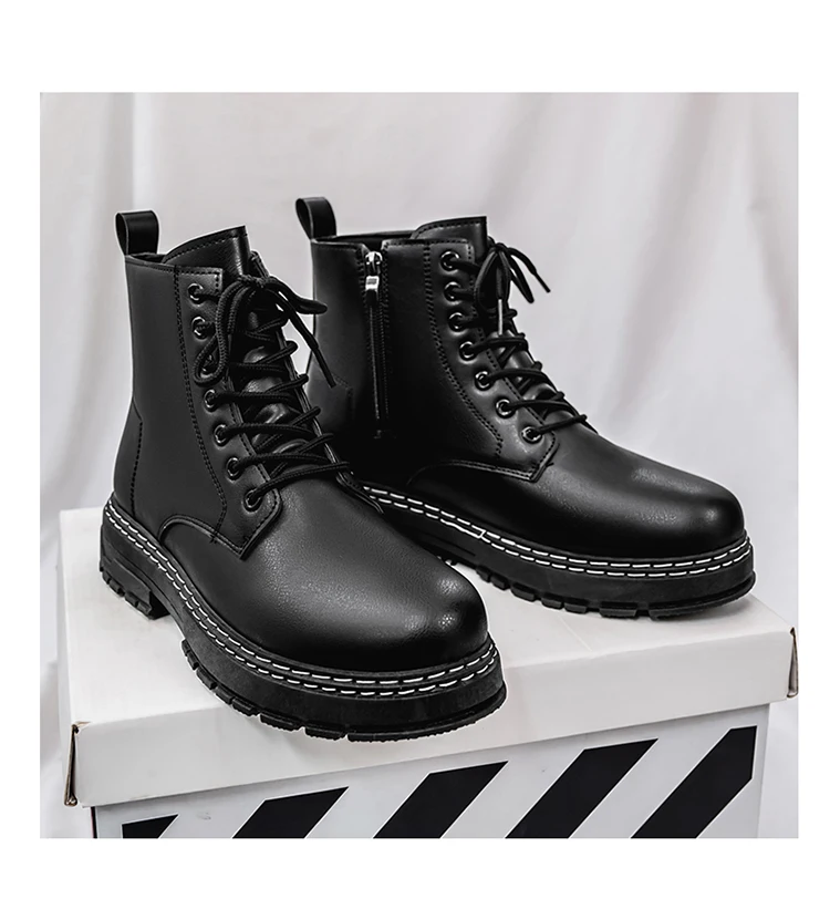 Britischer Stil Schwarze Hohe Arbeitsstiefel, Plattform-Höhenverstellbare Knöchelstiefel für Outdoor & Pendeln – Detail 6
