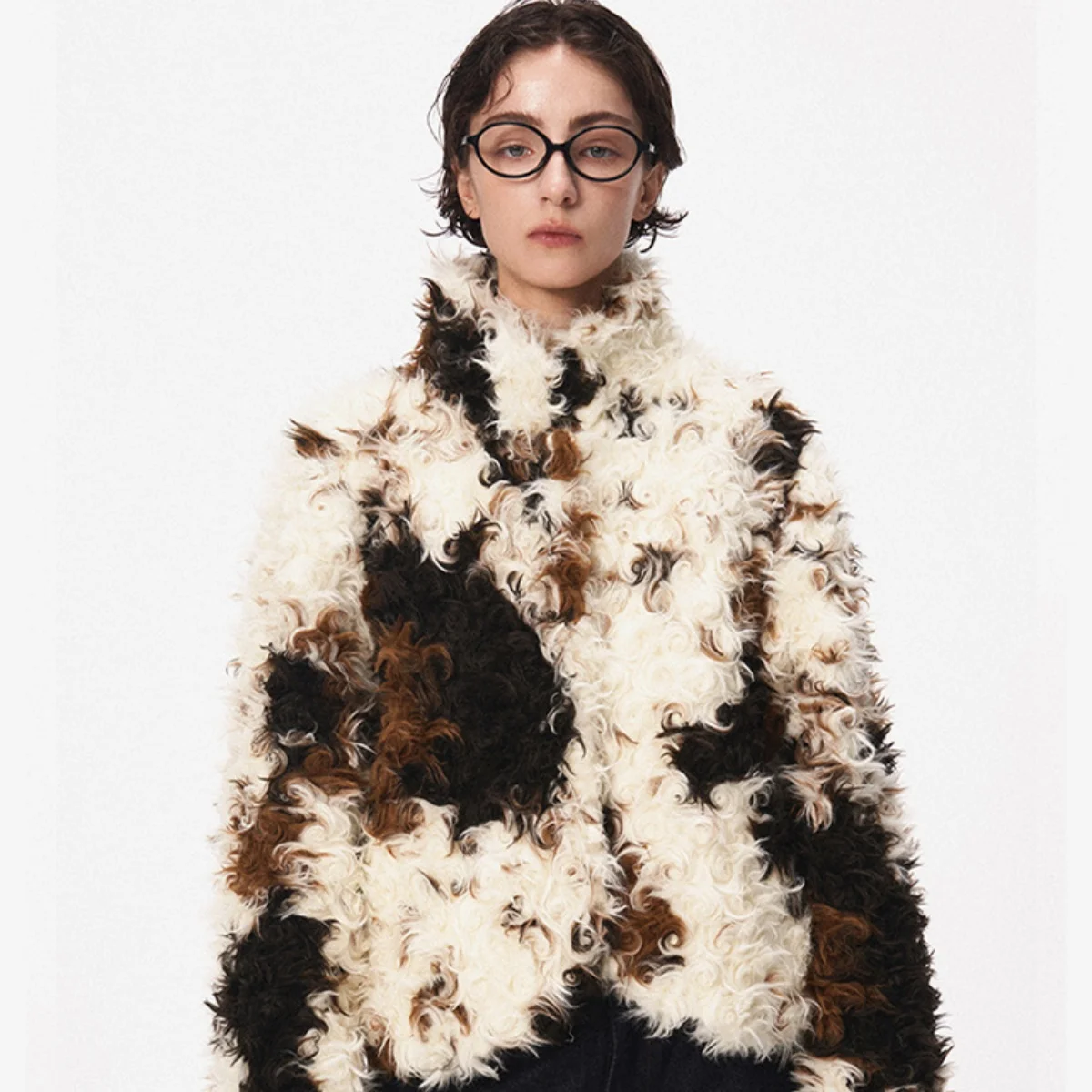 

Fashion Faux Fur Cropped Coat Women Vintage Color Block Stand Collar Fluffy Coat 2025 Autumn Winter Female Casual Warm Outerwear