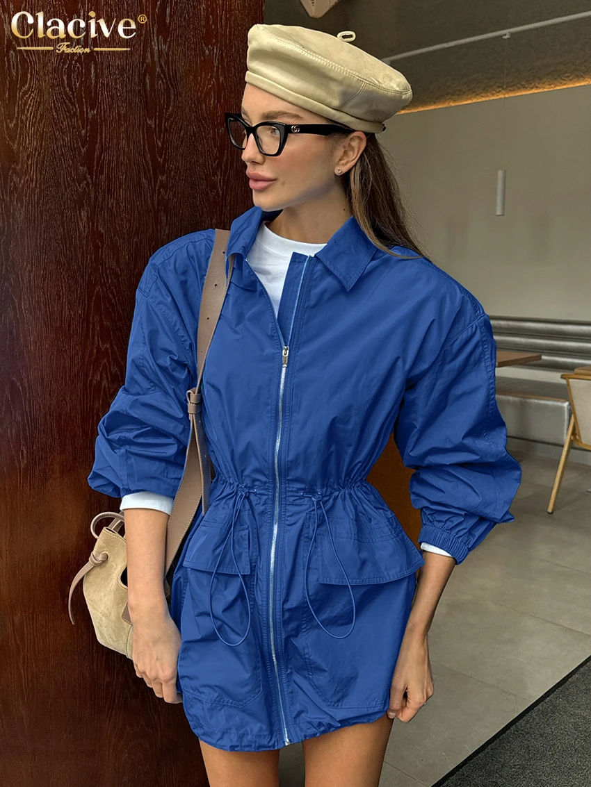 

Clacive Fashion Loose Blue Women's Dress 2025 Elegant Lapel Long Sleeve Mini Dresses Streetwear Classic Bandage Female Dress