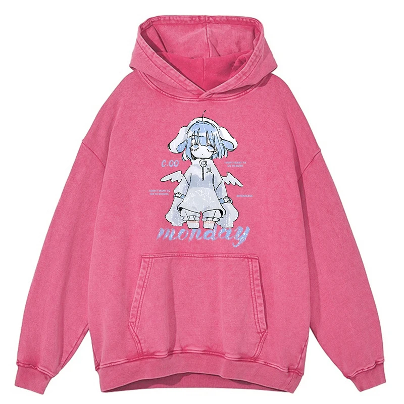 Retro Distressed Wash Harajuku Anime Girl Design Hoodie Men Sweatshirts Autumn 100% Cotton Streetwear Hip Hop Clothing Hoody