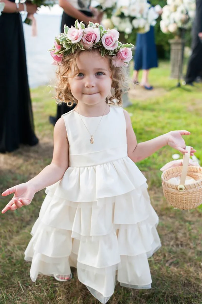 Vestidos de flores sin mangas con cuello redondo para niñas, vestidos de fiesta de boda, línea A, longitud del tobillo, vestidos de cumpleaños escalonados con cinturón