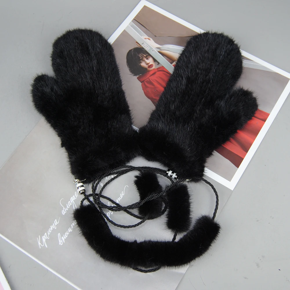 New Women 100% Real Genuine Knitted Mink Fur Mittens Winter Warm Lady Real Mink Fur Fashion Lady Gloves Handmade Knit Fur Mitten