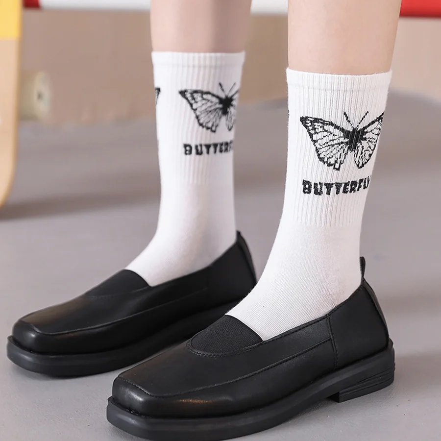 3 Pairs/Lot Cute Socks Women Black White Butterfly Colorful Long Cotton Casual Funny Cartoon Middle Tube Sock Girls Gift