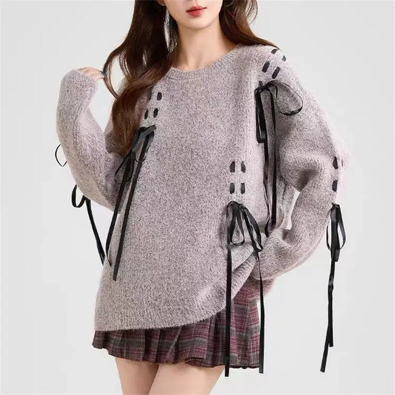Hot 2026 Autumnwinter New Fashion Versatile Casual Sweater Korean Edition Round Neck Long Sleeve Strap Bow Knitted Sweater Tops