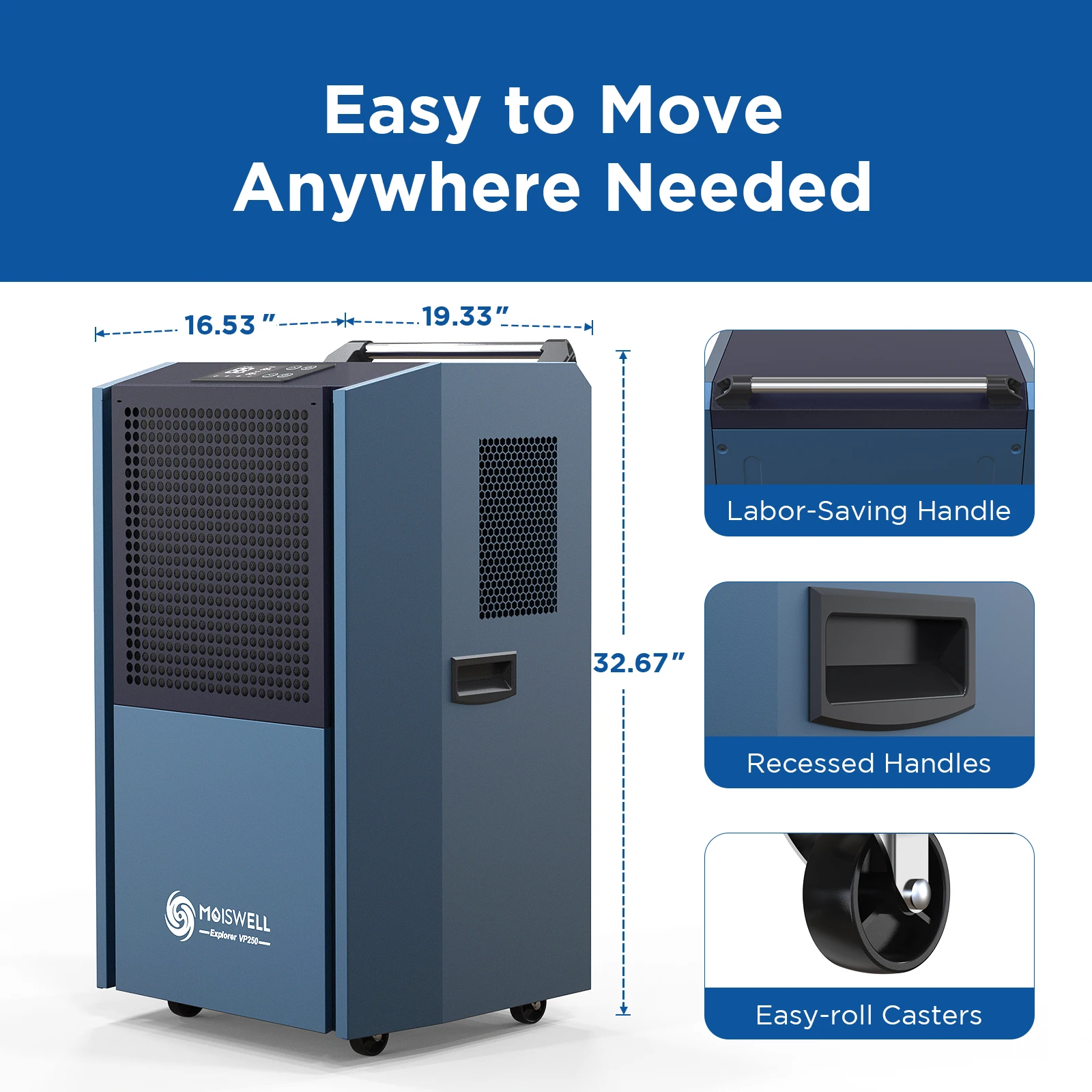 Moiswell 250 Pints 118L 8500 Sq Ft Commercial Auto Defrost Water Damage Restoration Continuous Drain Warehouse Dehumidifier
