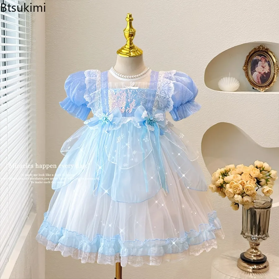 Girls Princess Dress Lace Bow Children Costume Mesh Sequins Puff Dress for Girls Birthday Baptism Cosplay Party Performance Prom