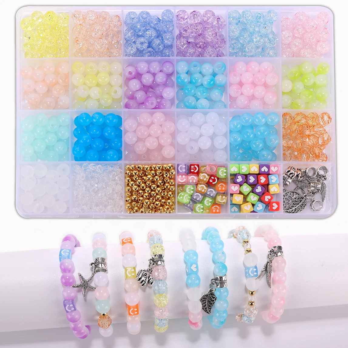 DIY Colorful Beads Bracelet Making Kit for Girls Birthday Gift,Acrylic Transparent Bead Square smiley face beads for Chain