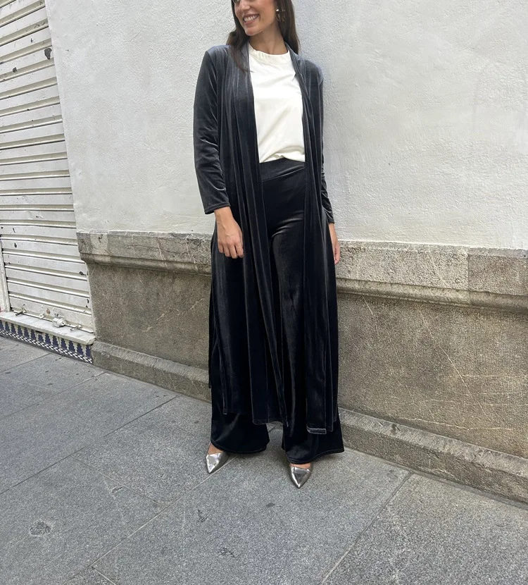 Two Piece Sets Women Solid Long Cardigan Full Sleeve Tops Wide Leg Pants Suits Midi Waist Solid Loose Fit Autumn Winter