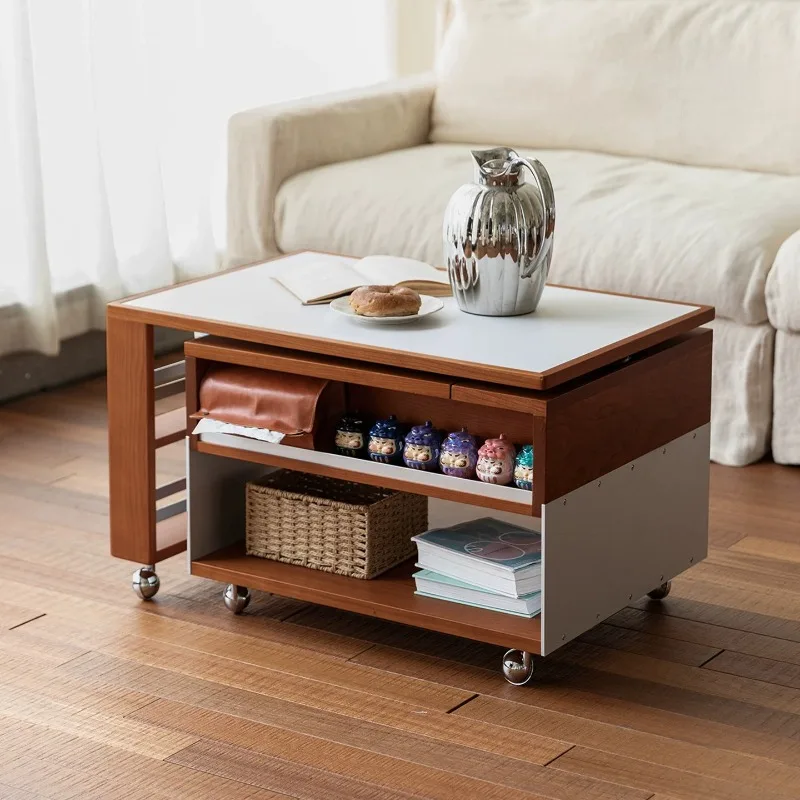 

Living room household mobile tea side table antique small apartment can be rotated and lifted solid wood rock board tea table