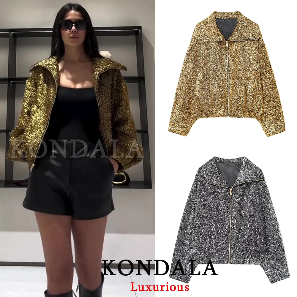 

KONDALA Vintage Gold Sequins Party Jackets Women Zipper Shiny Evening Club Holiday Coats Fashion 2025 Christmas New Year Jackets