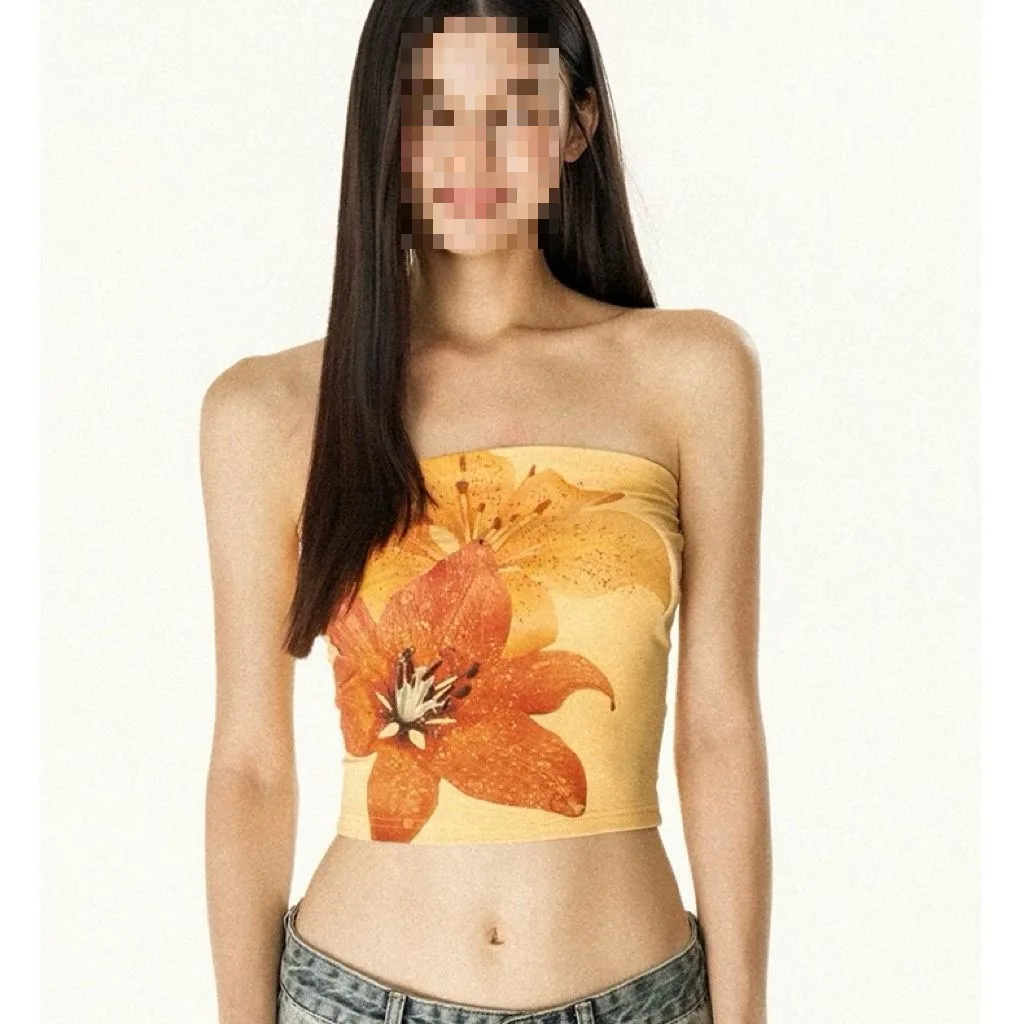 

American Retro Babes Tropical Flower Print Tight Tube Top Summer New Sexy Top