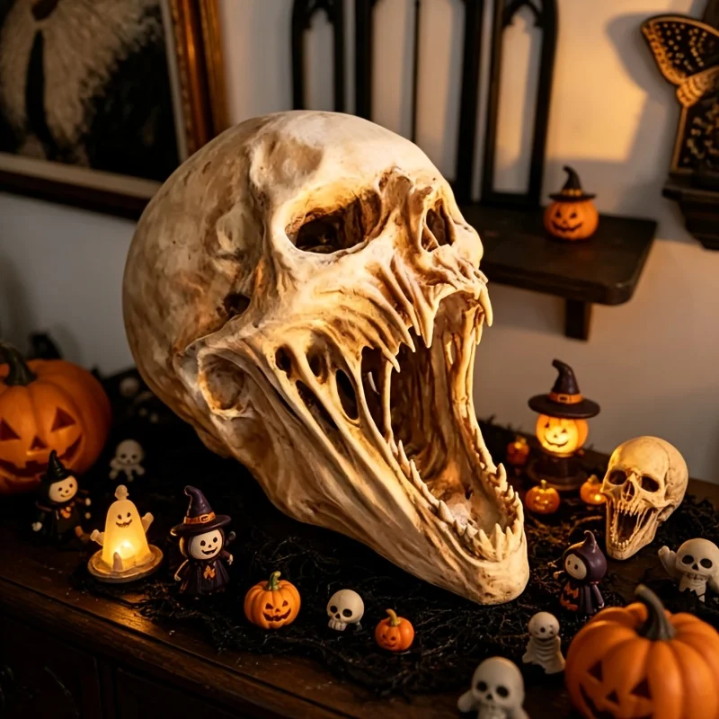 Halloween Giant Alien Fanged Skull Resin Statue, Creepy Open Mouth Horror Skull Figurine, Gothic Tabletop Decor Prop For Haunted
