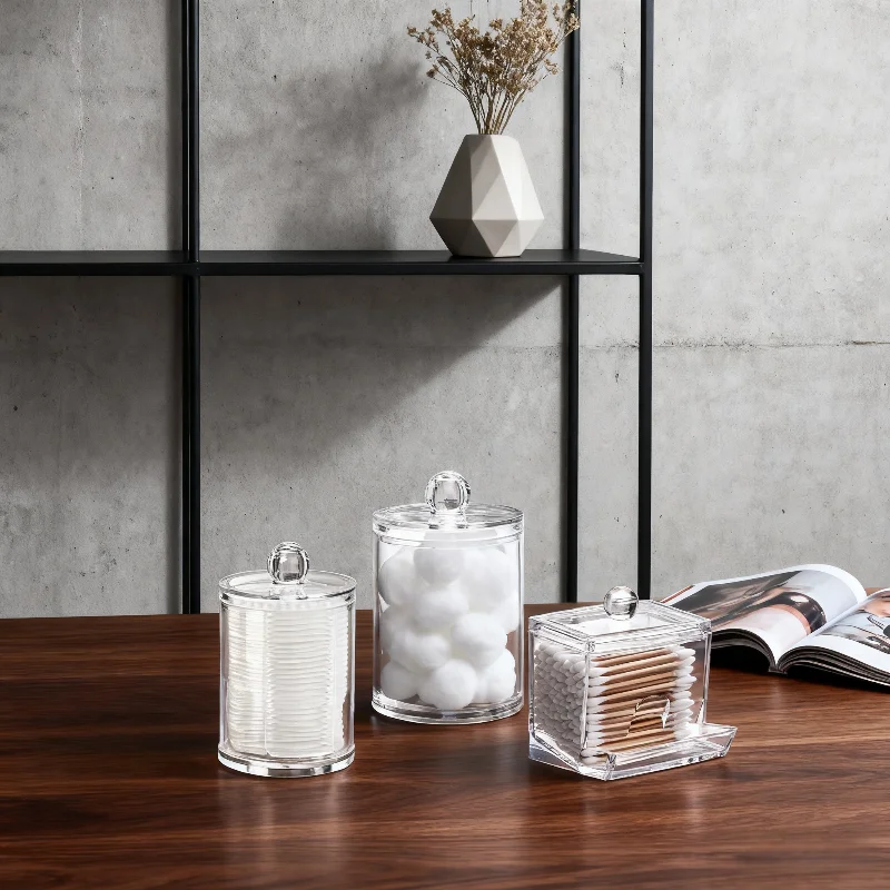 3 Pack Clear Acrylic Qtip Holder Apothecary Jars, Cotton Swab Pad Dispenser Bathroom Vanity Organizer for Makeup Brushes