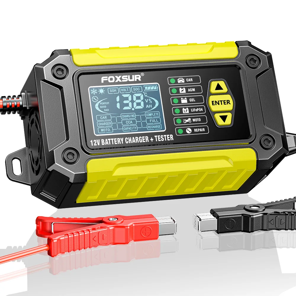 FOXSUR 2 in 1 battery tester + battery analyser, 12V car motorcycle lead acid AGM Deep cycle LiFePo4 Smart Battery Charger