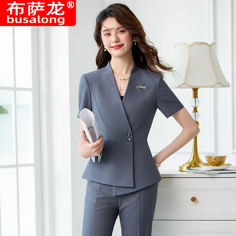 

Серый профессиональный костюм для женщин, летний тонкий стиль, летняя рабочая одежда, элегантная униформа для салона красоты, формальный летний стиль