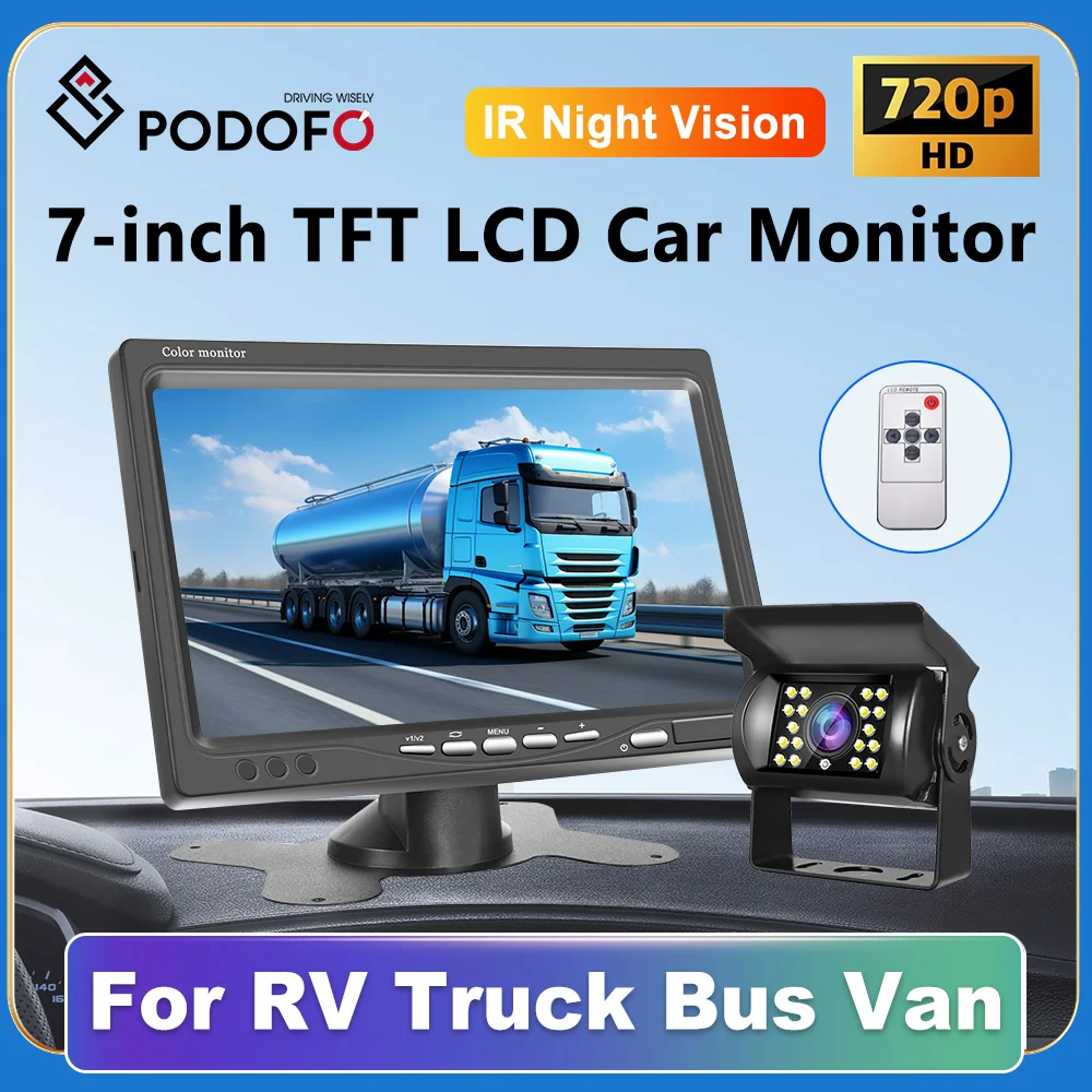 

Podofo Car Reversing Camera IR Night Vision Camera 4Pin and 7" LCD Monitor Truck Bus Van Rear View Kit 12V/24V