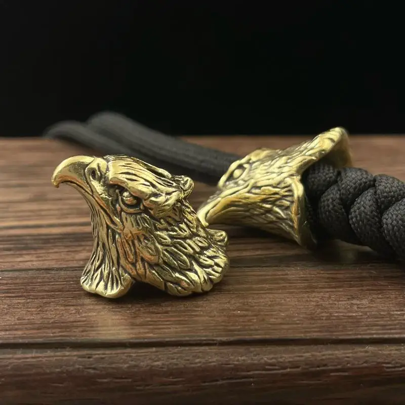 Vintage Brass 3D Eagle Head Paracord Beads EDC Knife Lanyard Charm Keychain Decor for Handmade Paracord Craft Lovers