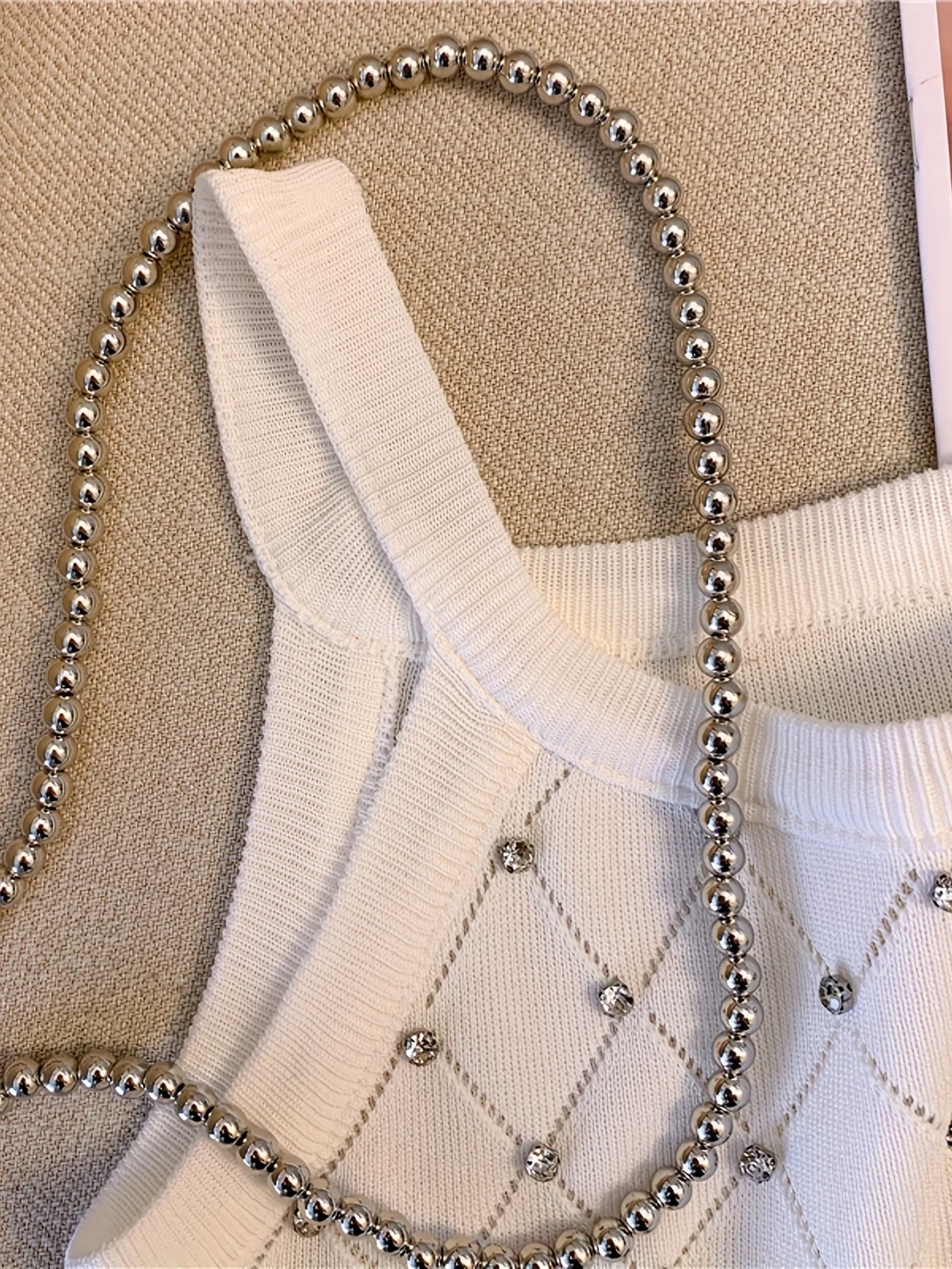 Solid Rhinestone Eyelet Spaghetti Top Casual Crew Neck Sleeveless Knitted Cami Top For Spring Summer Women\'s Clothing Crop Top